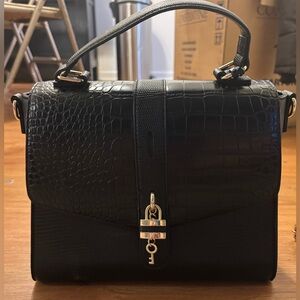ALDO Crocodile-Embossed Satchel Elegant Black Gold Lock&Key Bag Charm Crossbody